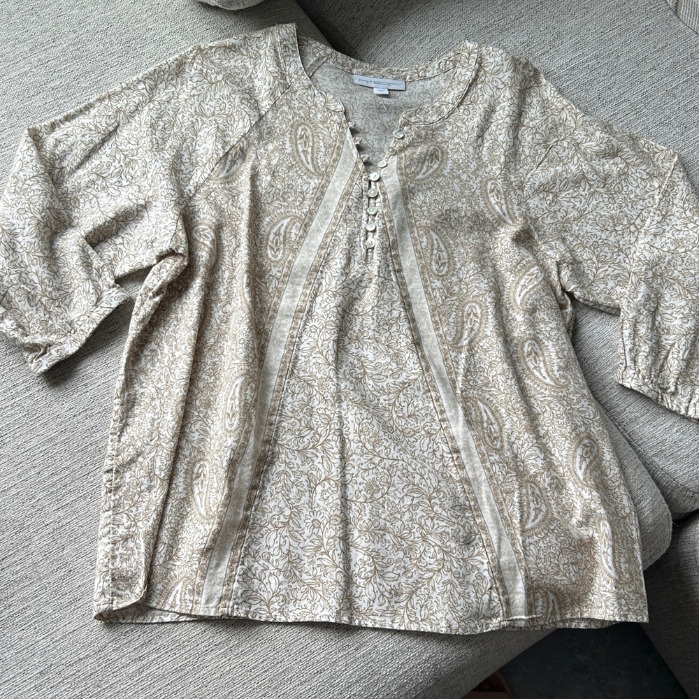 J. Jill PureJill Beige Paisley Blouse made with organically grown cotton nwt med